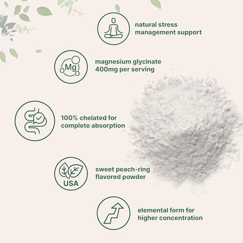 Magnesium Pulver, 340 g (56 Portionen) | Magnesiumglycinat Pulver | Süßer Pfirsichring Geschmack | Unterstützt Schlaf, Muskeln, Herz & Nerven | Leicht absorbierbar | Nicht-GVO, Vegan, Zuckerfrei