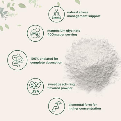 Magnesium Pulver, 340 g (56 Portionen) | Magnesiumglycinat Pulver | Süßer Pfirsichring Geschmack | Unterstützt Schlaf, Muskeln, Herz & Nerven | Leicht absorbierbar | Nicht-GVO, Vegan, Zuckerfrei