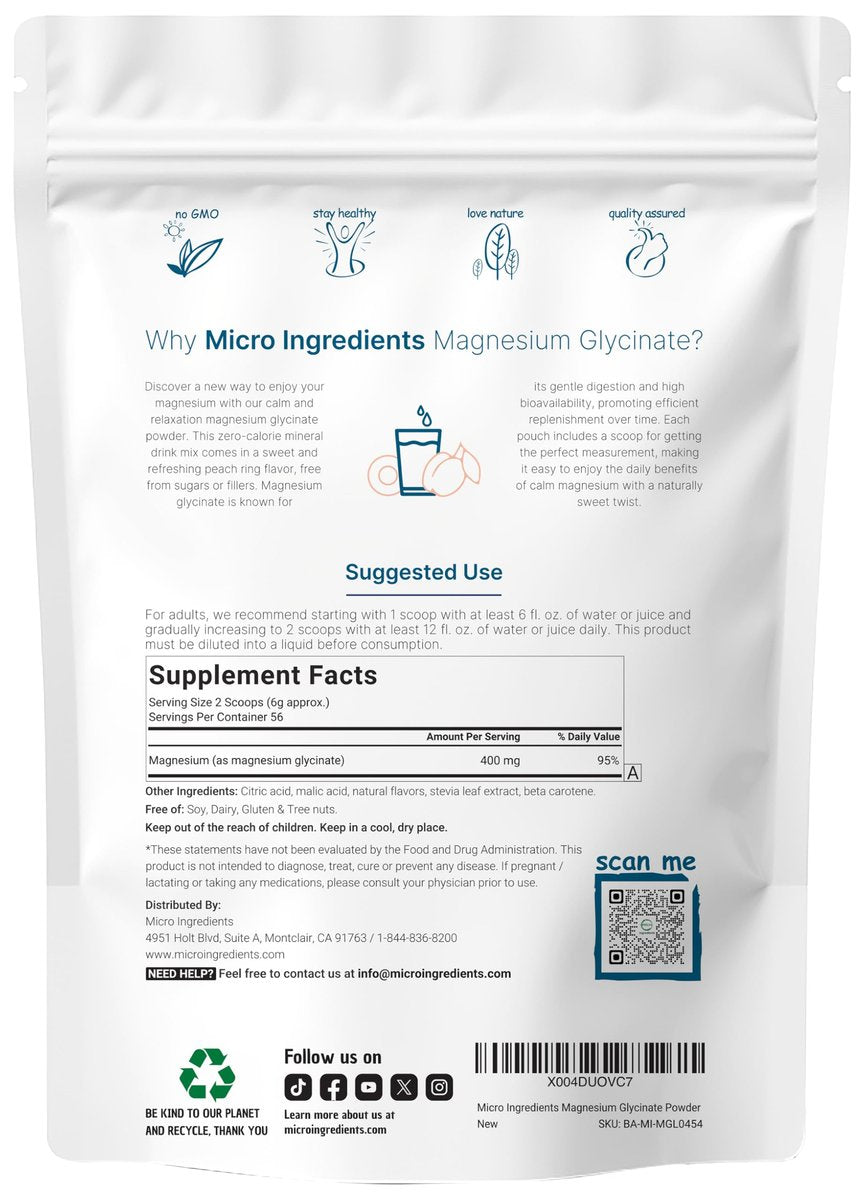 Magnesium Pulver, 340 g (56 Portionen) | Magnesiumglycinat Pulver | Süßer Pfirsichring Geschmack | Unterstützt Schlaf, Muskeln, Herz & Nerven | Leicht absorbierbar | Nicht-GVO, Vegan, Zuckerfrei