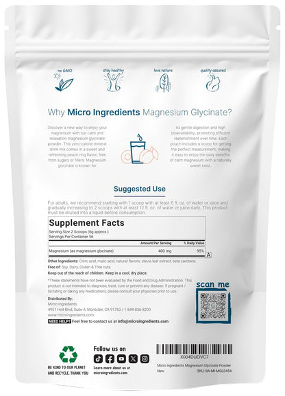 Magnesium Pulver, 340 g (56 Portionen) | Magnesiumglycinat Pulver | Süßer Pfirsichring Geschmack | Unterstützt Schlaf, Muskeln, Herz & Nerven | Leicht absorbierbar | Nicht-GVO, Vegan, Zuckerfrei