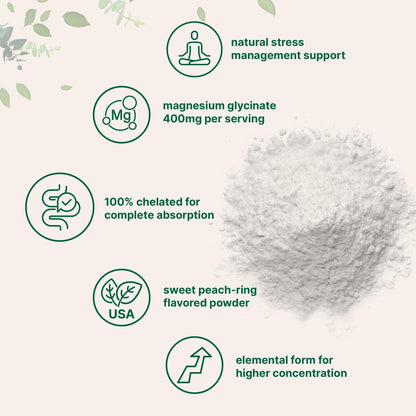Magnesium Pulver, 340 g (56 Portionen) | Magnesiumglycinat Pulver | Süßer Pfirsichring Geschmack | Unterstützt Schlaf, Muskeln, Herz & Nerven | Leicht absorbierbar | Nicht-GVO, Vegan, Zuckerfrei
