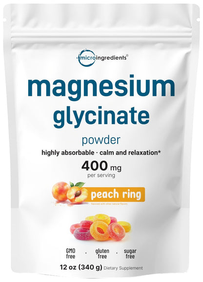 Magnesium Pulver, 340 g (56 Portionen) | Magnesiumglycinat Pulver | Süßer Pfirsichring Geschmack | Unterstützt Schlaf, Muskeln, Herz & Nerven | Leicht absorbierbar | Nicht-GVO, Vegan, Zuckerfrei
