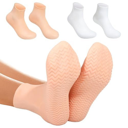 Silikon-Feuchtigkeitssocken für trockene, rissige Füße - 2 Paar, XL Lange Größe, rutschfeste Fersensocken für Damen und Herren - Hohe Dehnbarkeit Fußpflege Pediküre - Weiß & Beige
