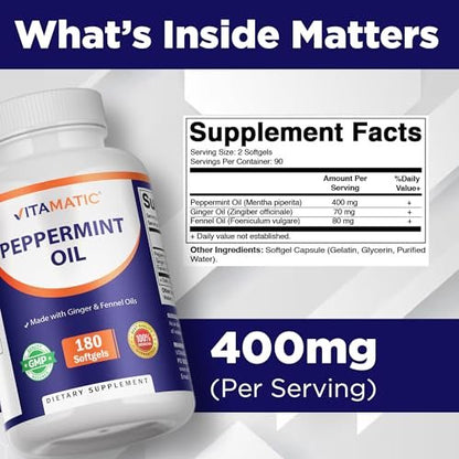 Vitamatic Pfefferminzöl-Gel mit Ingwer- und Fenchelölen, 550 mg pro Portion, 180 Weichkapseln
