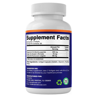 Vitamatic Pfefferminzöl-Gel mit Ingwer- und Fenchelölen, 550 mg pro Portion, 180 Weichkapseln