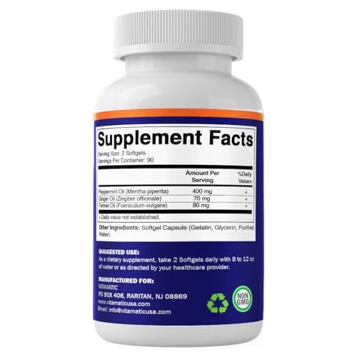 Vitamatic Pfefferminzöl-Gel mit Ingwer- und Fenchelölen, 550 mg pro Portion, 180 Weichkapseln