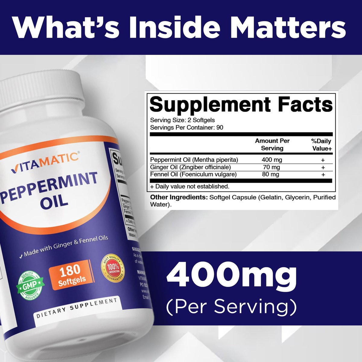 Vitamatic Pfefferminzöl-Gel mit Ingwer- und Fenchelölen, 550 mg pro Portion, 180 Weichkapseln