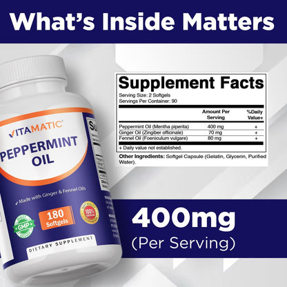 Vitamatic Pfefferminzöl-Gel mit Ingwer- und Fenchelölen, 550 mg pro Portion, 180 Weichkapseln