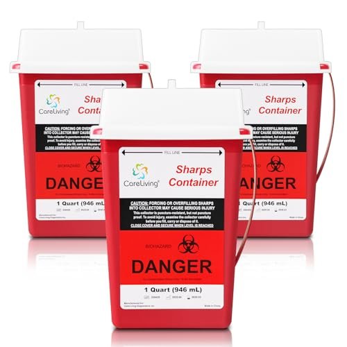 CareLiving Sharps Container 1 Quart (3er-Pack) – Entsorgungsbehälter für zu Hause und unterwegs – Kleiner, tragbarer Nadelbehälter aus Kunststoff