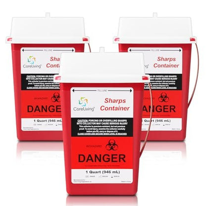 CareLiving Sharps Container 1 Quart (3er-Pack) – Entsorgungsbehälter für zu Hause und unterwegs – Kleiner, tragbarer Nadelbehälter aus Kunststoff