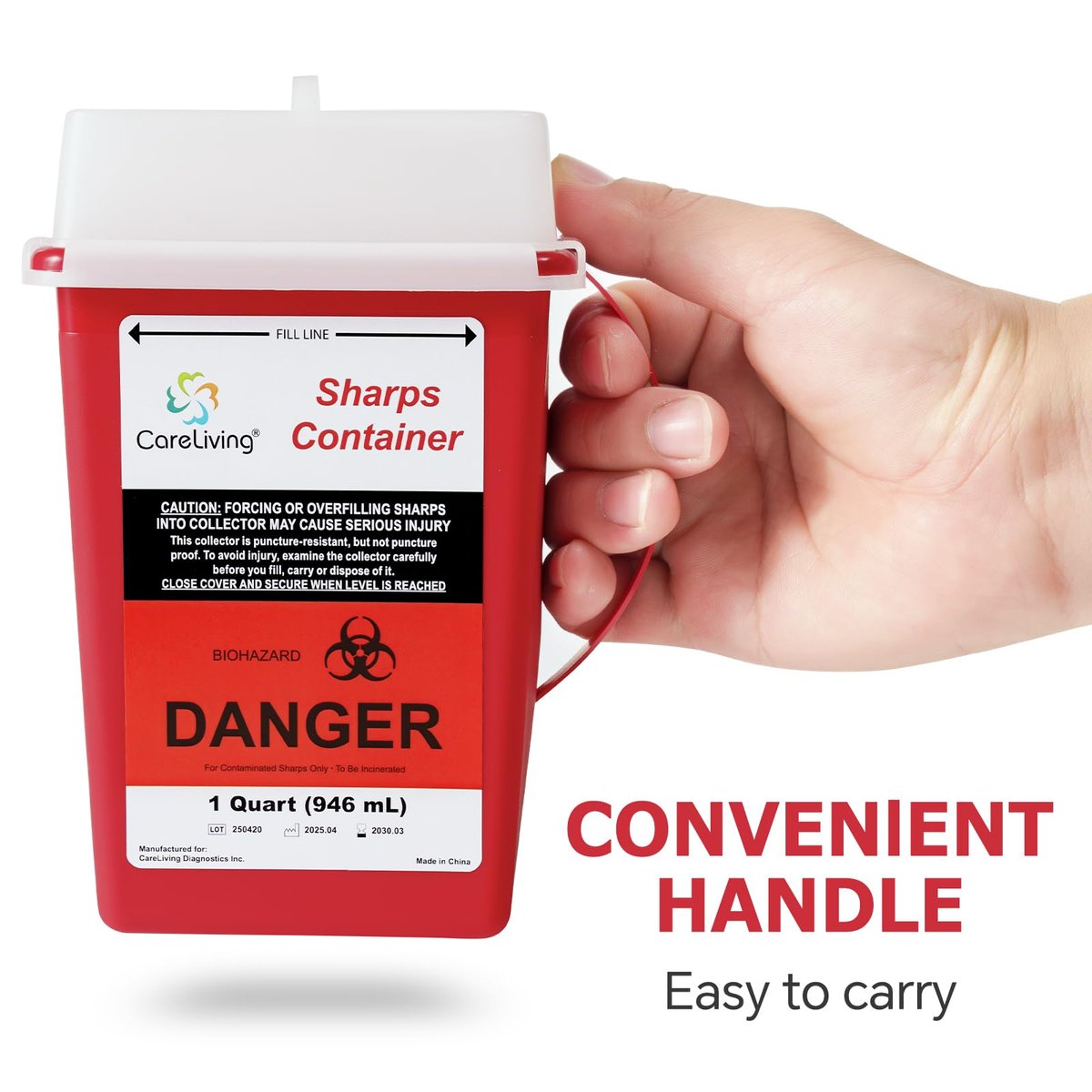 CareLiving Sharps Container 1 Quart (3er-Pack) – Entsorgungsbehälter für zu Hause und unterwegs – Kleiner, tragbarer Nadelbehälter aus Kunststoff
