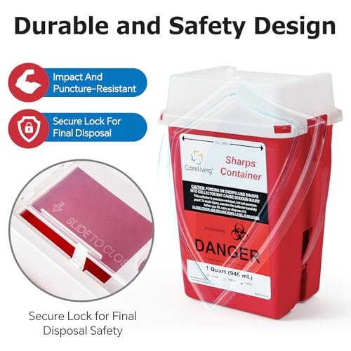 CareLiving Sharps Container 1 Quart (3er-Pack) – Entsorgungsbehälter für zu Hause und unterwegs – Kleiner, tragbarer Nadelbehälter aus Kunststoff