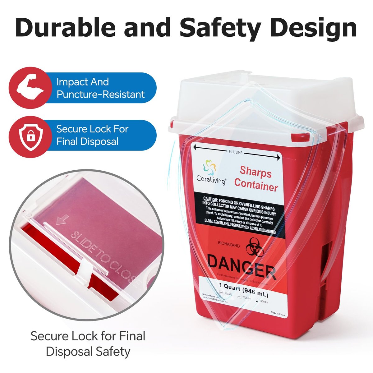 CareLiving Sharps Container 1 Quart (3er-Pack) – Entsorgungsbehälter für zu Hause und unterwegs – Kleiner, tragbarer Nadelbehälter aus Kunststoff