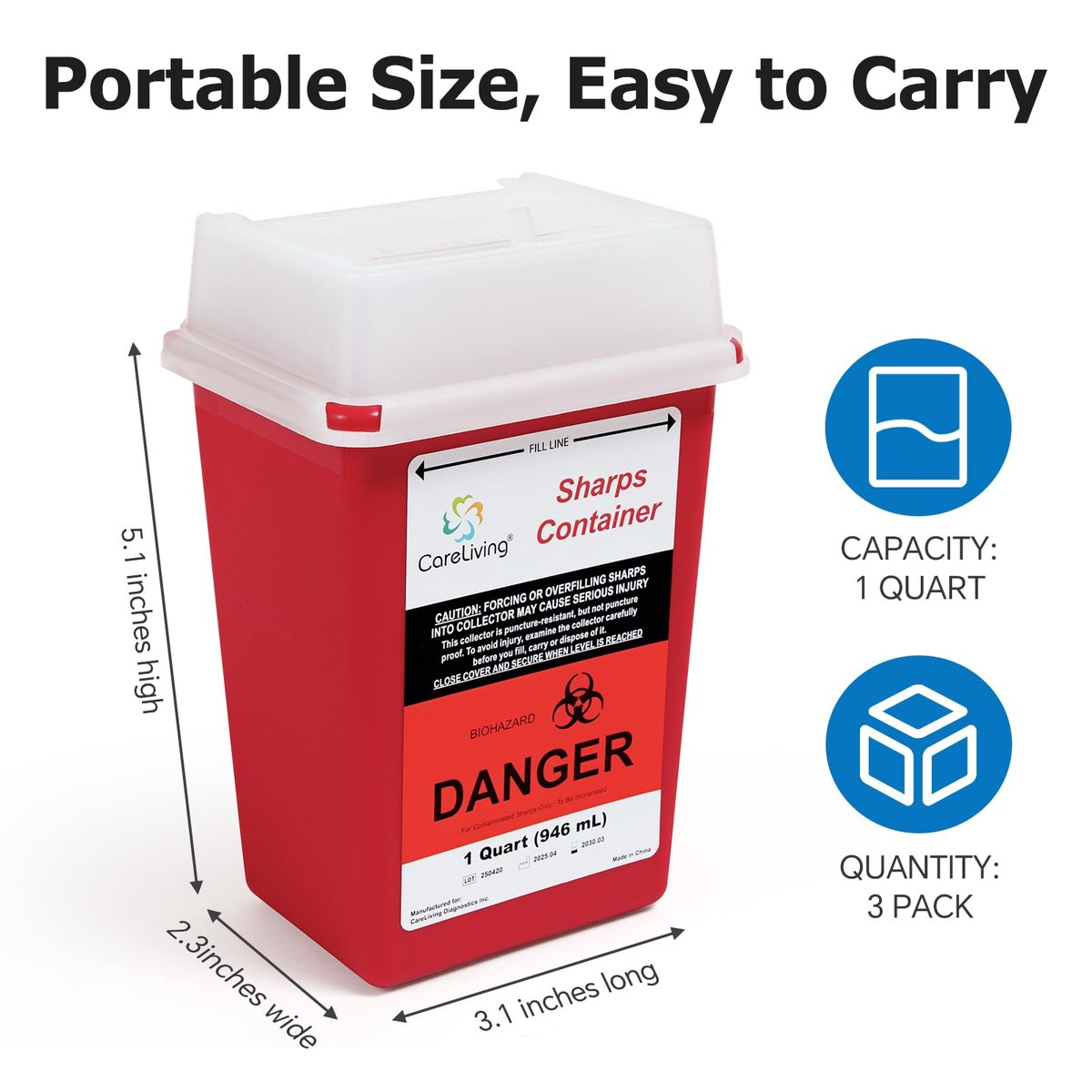 CareLiving Sharps Container 1 Quart (3er-Pack) – Entsorgungsbehälter für zu Hause und unterwegs – Kleiner, tragbarer Nadelbehälter aus Kunststoff