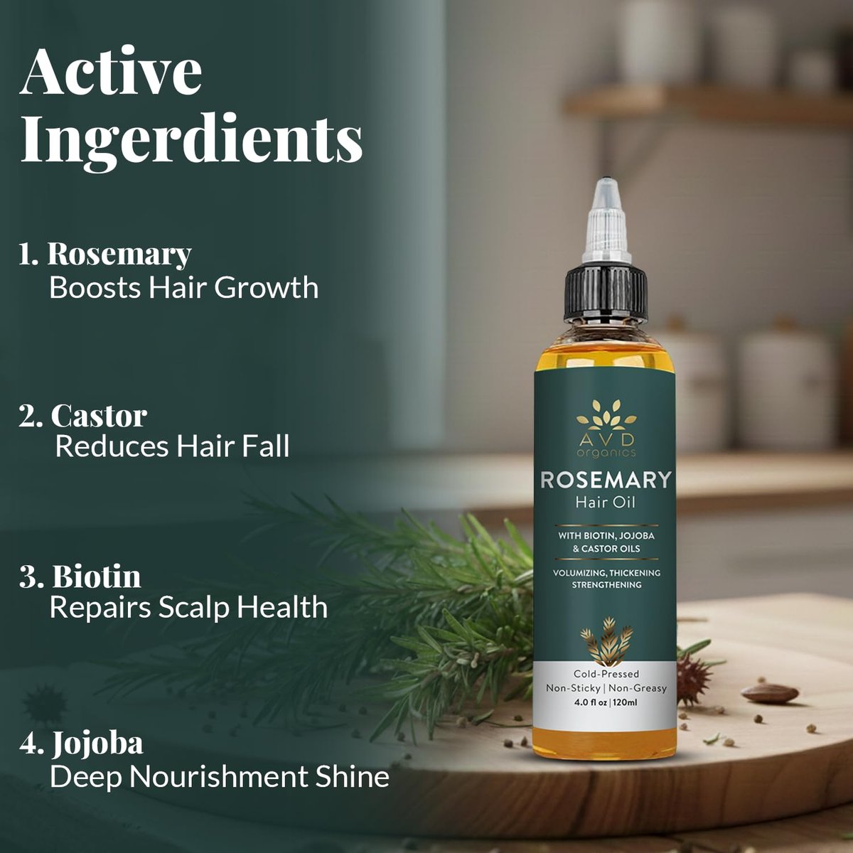 AVD ORGANICS Rosmarinöl für Haarwachstum & Kopfhaut | Angereichert mit Biotin | Haarstärkend, nährend & volumenverleihend | Mit Jojoba- & Rizinusöl | NON-GMO 120ml
