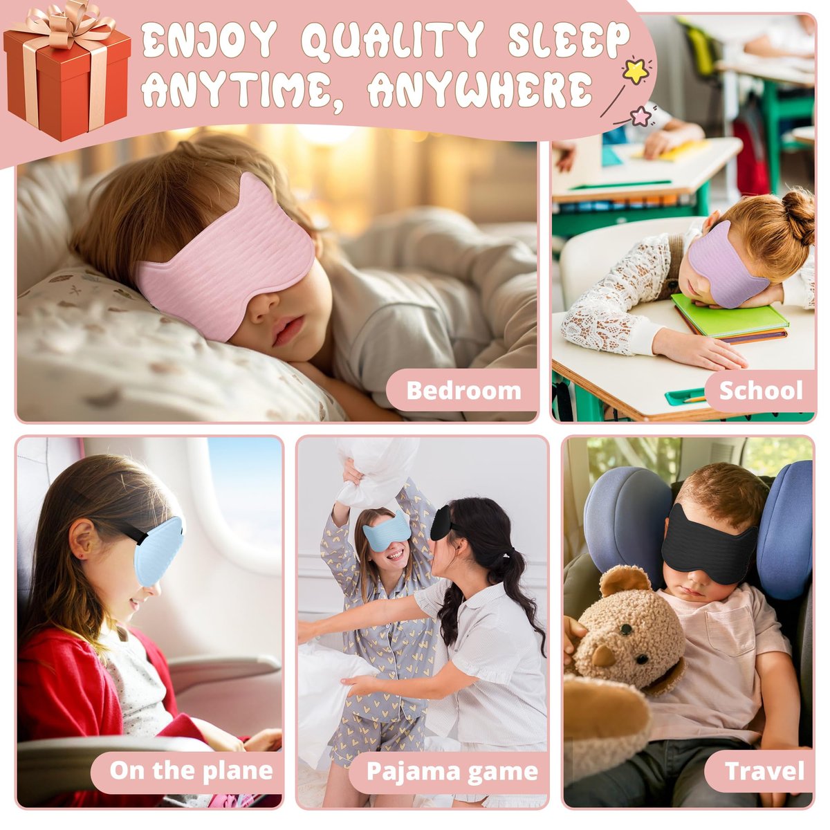 3D-Kontur-Schlafmaske für Kinder: Gedächtnisschaum-Augenmaske mit verstellbarem Band, druckfreies Schlaf-Design für Jungen, Mädchen, Teenager (Pink)
