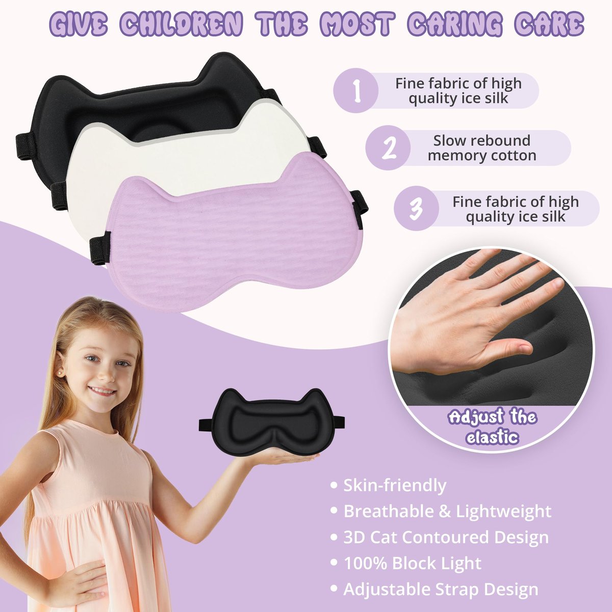 Schlafmaske für Kinder: 3D-konturierte Augenmaske mit Memory-Schaum, verstellbarem Band – Druckfreier Schlaf für Jungen, Mädchen, Teenager (Lila)