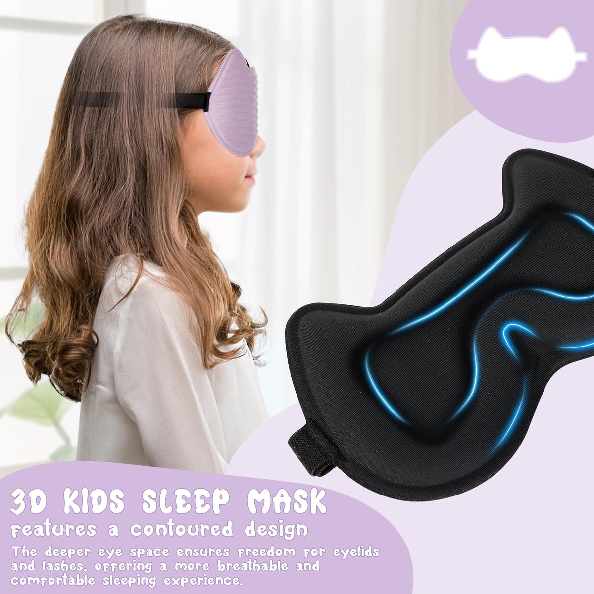 Schlafmaske für Kinder: 3D-konturierte Augenmaske mit Memory-Schaum, verstellbarem Band – Druckfreier Schlaf für Jungen, Mädchen, Teenager (Lila)
