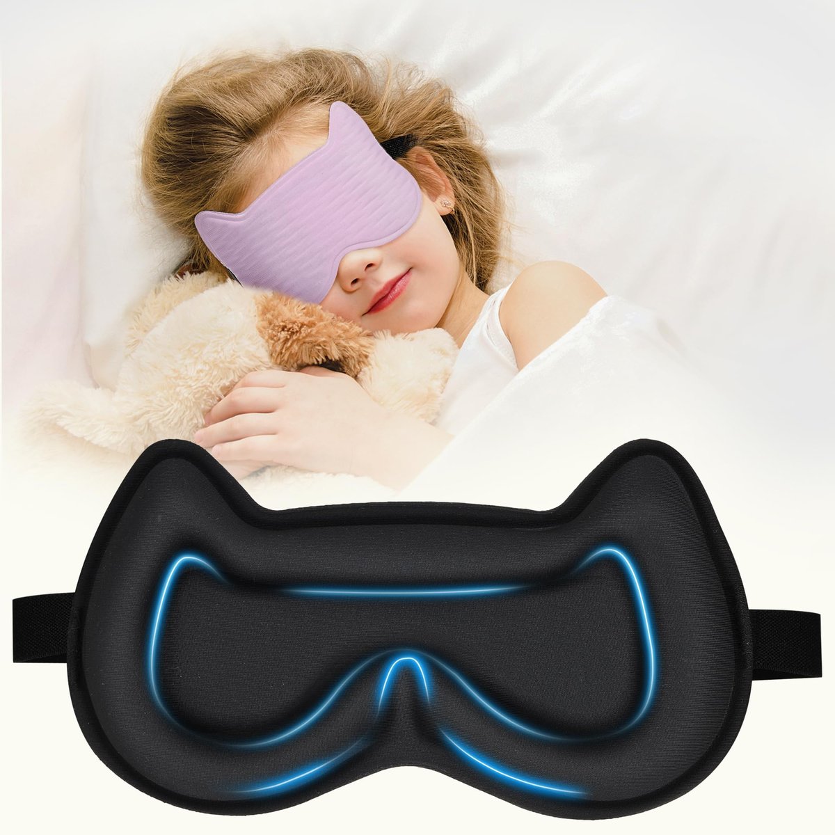 Schlafmaske für Kinder: 3D-konturierte Augenmaske mit Memory-Schaum, verstellbarem Band – Druckfreier Schlaf für Jungen, Mädchen, Teenager (Lila)