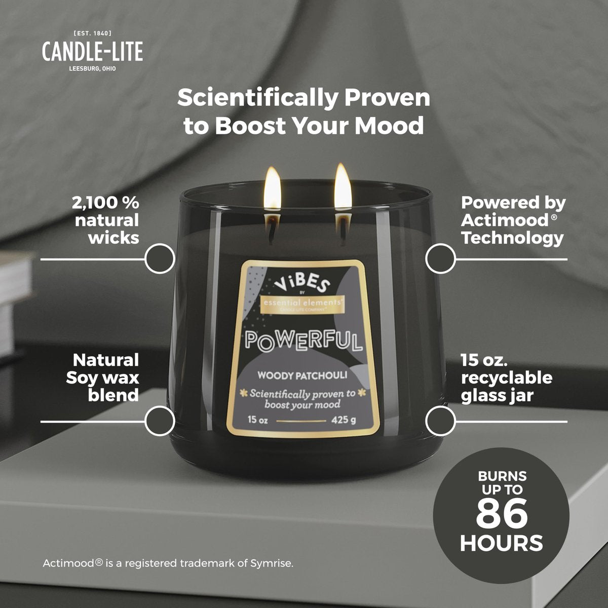 Candle-Lite Vibes Woody Patchouli Stimmungsaufhellende Duftkerzen, 425 g Glas, Aromatherapie, Stolz in den USA gegossen, 2 Dochte, 86 Stunden Brenndauer, Perfektes Entspannungsgeschenk