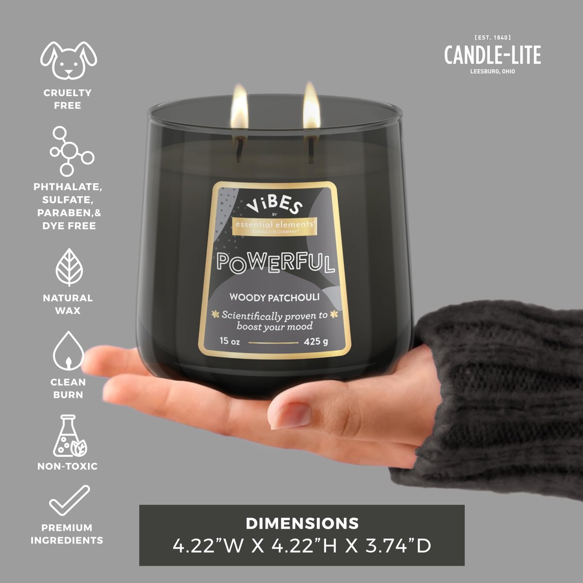 Candle-Lite Vibes Woody Patchouli Stimmungsaufhellende Duftkerzen, 425 g Glas, Aromatherapie, Stolz in den USA gegossen, 2 Dochte, 86 Stunden Brenndauer, Perfektes Entspannungsgeschenk