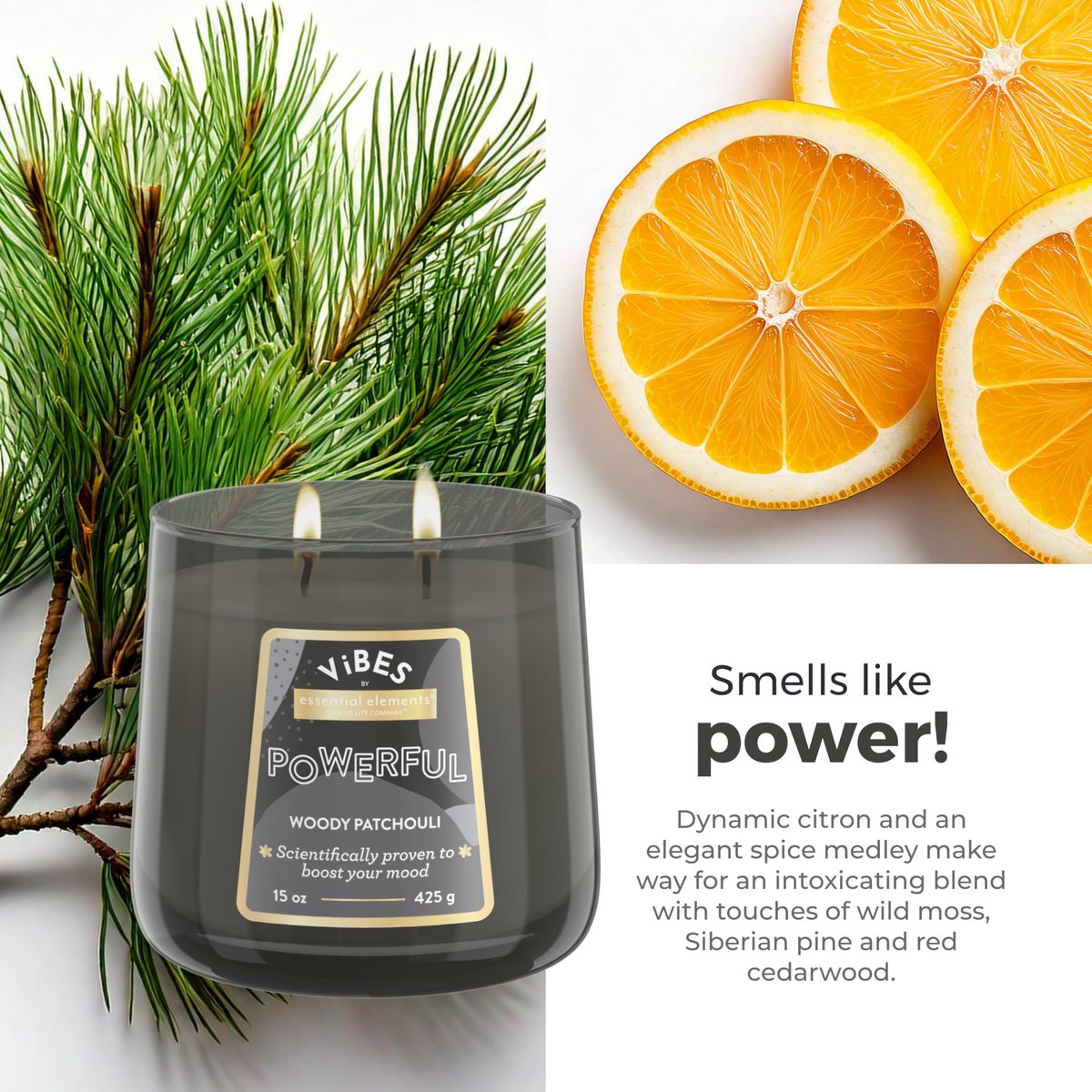 Candle-Lite Vibes Woody Patchouli Stimmungsaufhellende Duftkerzen, 425 g Glas, Aromatherapie, Stolz in den USA gegossen, 2 Dochte, 86 Stunden Brenndauer, Perfektes Entspannungsgeschenk