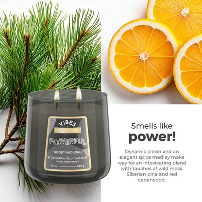 Candle-Lite Vibes Woody Patchouli Stimmungsaufhellende Duftkerzen, 425 g Glas, Aromatherapie, Stolz in den USA gegossen, 2 Dochte, 86 Stunden Brenndauer, Perfektes Entspannungsgeschenk