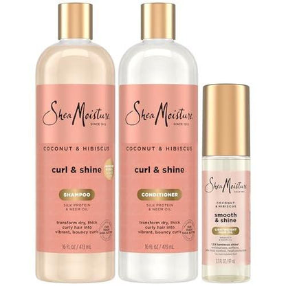 SheaMoisture Coconut & Hibiscus Curl & Shine Shampoo & Conditioner, Familienpackungen + Glanzöl für lockige Haare, glänzendes Haar, Frizz-Kontrolle