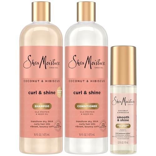 SheaMoisture Coconut & Hibiscus Curl & Shine Shampoo & Conditioner, Familienpackungen + Glanzöl für lockige Haare, glänzendes Haar, Frizz-Kontrolle