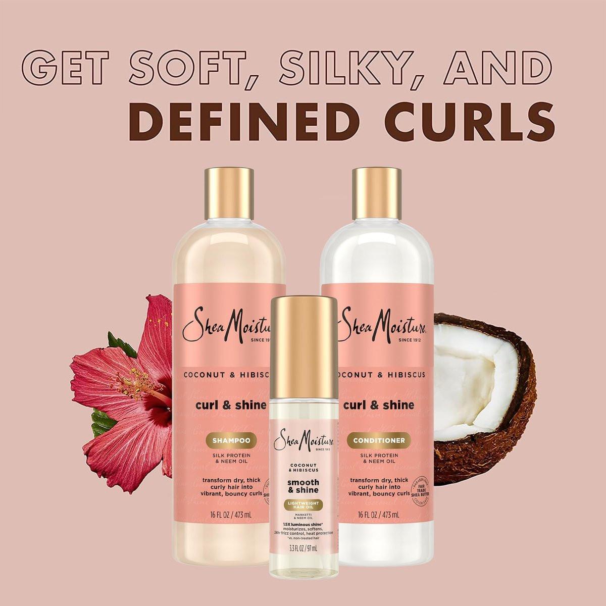 SheaMoisture Coconut & Hibiscus Curl & Shine Shampoo & Conditioner, Familienpackungen + Glanzöl für lockige Haare, glänzendes Haar, Frizz-Kontrolle