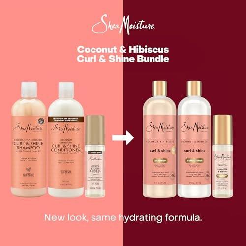 SheaMoisture Coconut & Hibiscus Curl & Shine Shampoo & Conditioner, Familienpackungen + Glanzöl für lockige Haare, glänzendes Haar, Frizz-Kontrolle