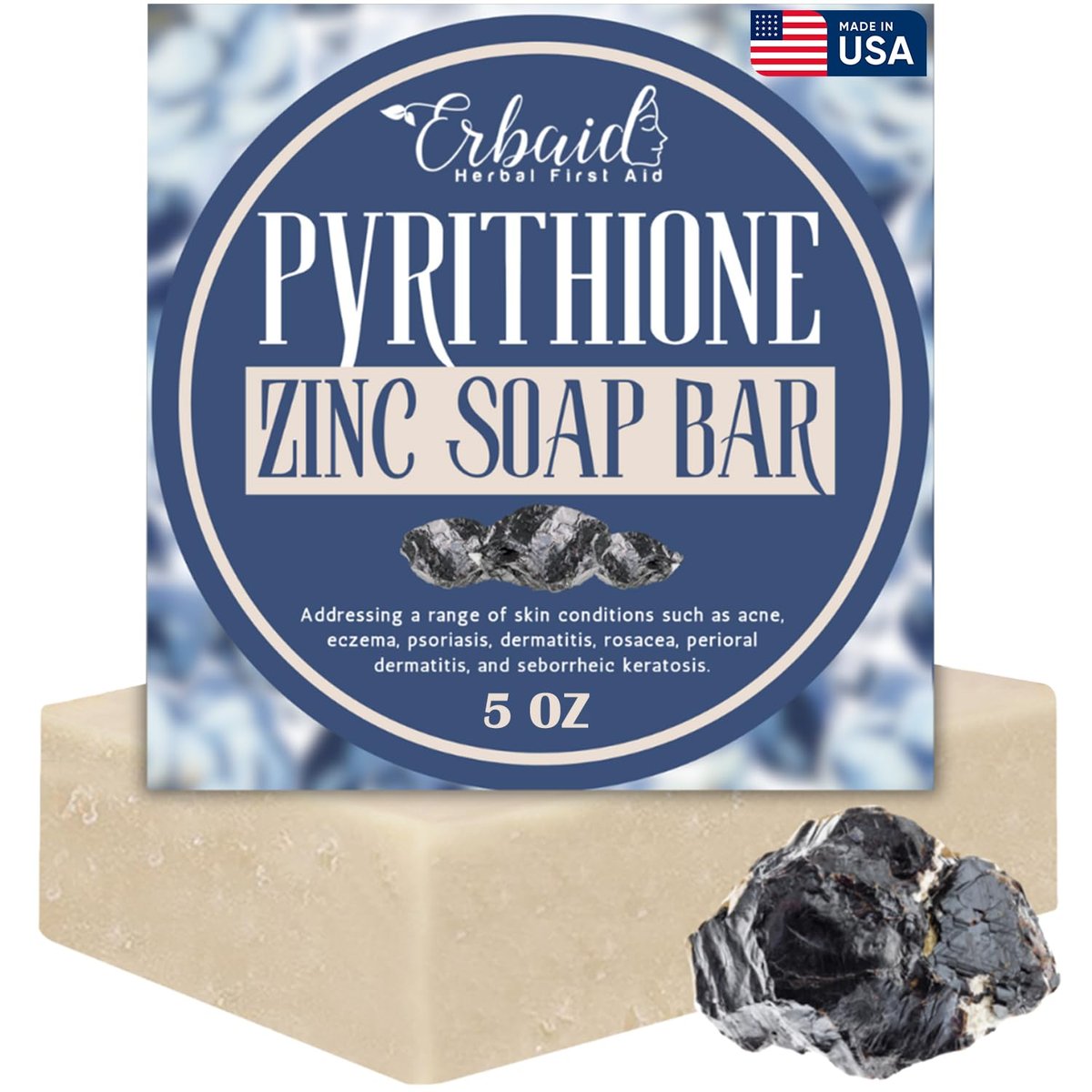 Erbaid Pyrithione Zinc Seifenbar für Gesicht & Körper, 113g | 2% ZnP Bar Seife Hautreiniger bei Akne, Rosacea, Ekzemen, Dermatitis, Psoriasis, Juckreiz | Reinigende, beruhigende Zink-Gesichtswäsche hergestellt in den USA