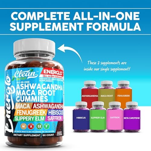 Ashwagandha Maca Root Gummis mit Fenchel, Hibiskus, Ulme, Safran-Extrakt & Beta-Carotin | Pfirsichgeschmack Vegane Gummivitamine Adaptogen Cortisol-Supplement von Clean Nutra