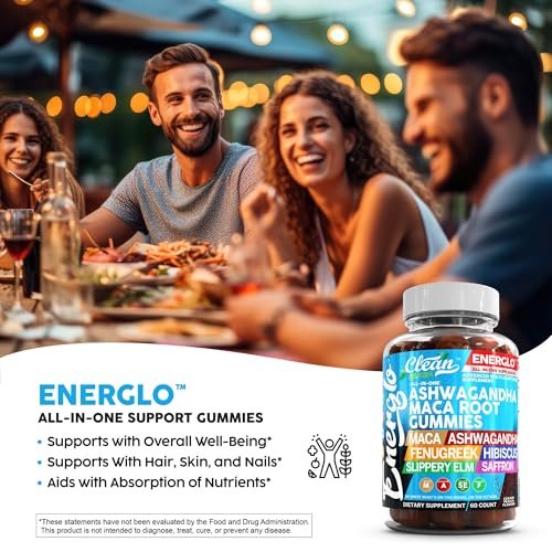 Ashwagandha Maca Root Gummis mit Fenchel, Hibiskus, Ulme, Safran-Extrakt & Beta-Carotin | Pfirsichgeschmack Vegane Gummivitamine Adaptogen Cortisol-Supplement von Clean Nutra