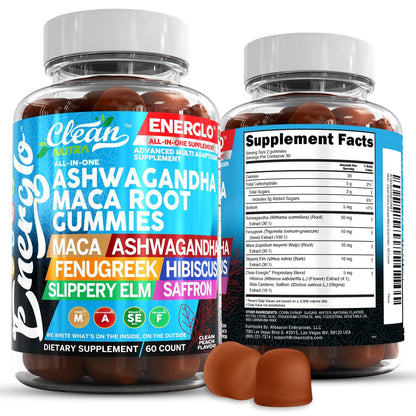 Ashwagandha Maca Root Gummis mit Fenchel, Hibiskus, Ulme, Safran-Extrakt & Beta-Carotin | Pfirsichgeschmack Vegane Gummivitamine Adaptogen Cortisol-Supplement von Clean Nutra