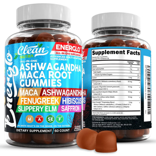 Ashwagandha Maca Root Gummis mit Fenchel, Hibiskus, Ulme, Safran-Extrakt & Beta-Carotin | Pfirsichgeschmack Vegane Gummivitamine Adaptogen Cortisol-Supplement von Clean Nutra