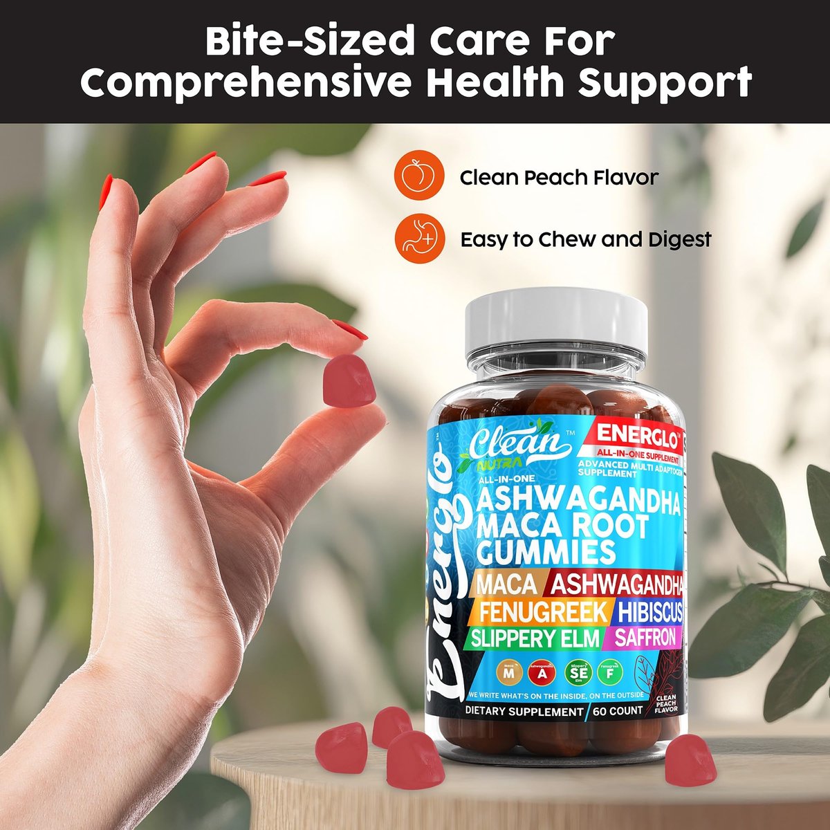 Ashwagandha Maca Root Gummis mit Fenchel, Hibiskus, Ulme, Safran-Extrakt & Beta-Carotin | Pfirsichgeschmack Vegane Gummivitamine Adaptogen Cortisol-Supplement von Clean Nutra
