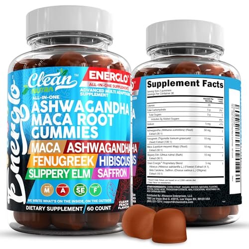 Ashwagandha Maca Root Gummis mit Fenchel, Hibiskus, Ulme, Safran-Extrakt & Beta-Carotin | Pfirsichgeschmack Vegane Gummivitamine Adaptogen Cortisol-Supplement von Clean Nutra