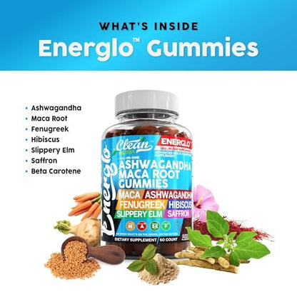 Ashwagandha Maca Root Gummis mit Fenchel, Hibiskus, Ulme, Safran-Extrakt & Beta-Carotin | Pfirsichgeschmack Vegane Gummivitamine Adaptogen Cortisol-Supplement von Clean Nutra