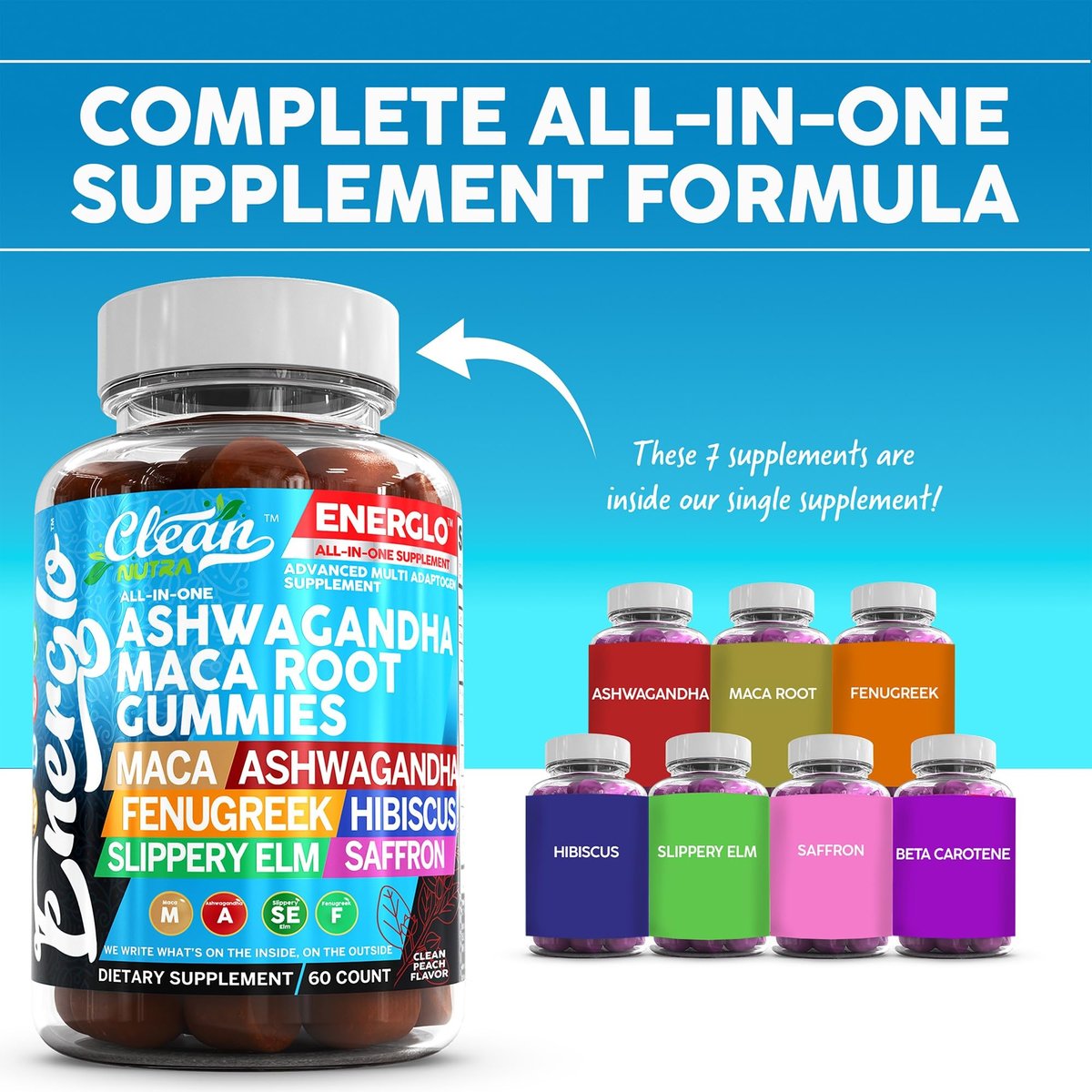 Ashwagandha Maca Root Gummis mit Fenchel, Hibiskus, Ulme, Safran-Extrakt & Beta-Carotin | Pfirsichgeschmack Vegane Gummivitamine Adaptogen Cortisol-Supplement von Clean Nutra