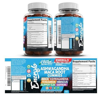 Ashwagandha Maca Root Gummis mit Fenchel, Hibiskus, Ulme, Safran-Extrakt & Beta-Carotin | Pfirsichgeschmack Vegane Gummivitamine Adaptogen Cortisol-Supplement von Clean Nutra