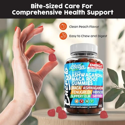 Ashwagandha Maca Root Gummis mit Fenchel, Hibiskus, Ulme, Safran-Extrakt & Beta-Carotin | Pfirsichgeschmack Vegane Gummivitamine Adaptogen Cortisol-Supplement von Clean Nutra