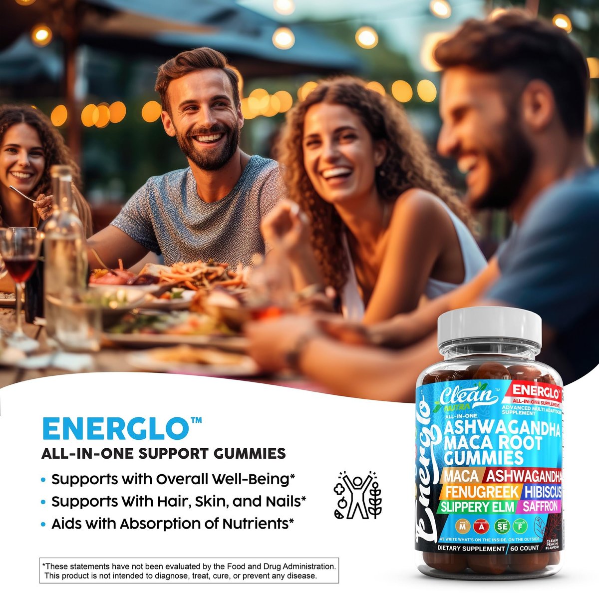 Ashwagandha Maca Root Gummis mit Fenchel, Hibiskus, Ulme, Safran-Extrakt & Beta-Carotin | Pfirsichgeschmack Vegane Gummivitamine Adaptogen Cortisol-Supplement von Clean Nutra