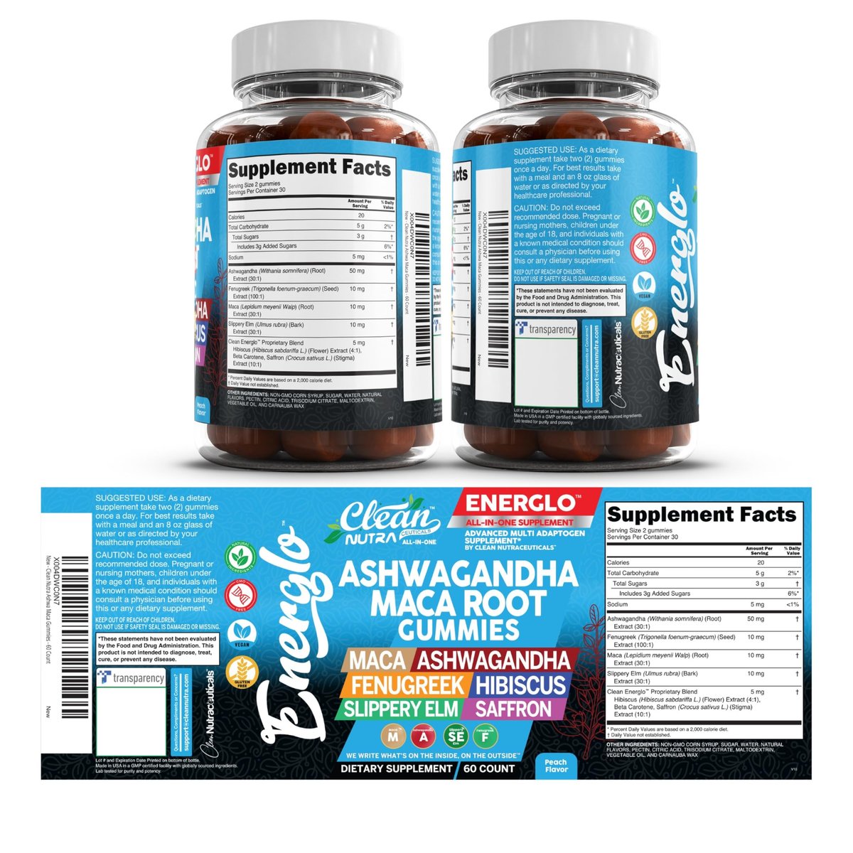 Ashwagandha Maca Root Gummis mit Fenchel, Hibiskus, Ulme, Safran-Extrakt & Beta-Carotin | Pfirsichgeschmack Vegane Gummivitamine Adaptogen Cortisol-Supplement von Clean Nutra