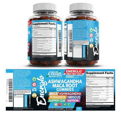 Ashwagandha Maca Root Gummis mit Fenchel, Hibiskus, Ulme, Safran-Extrakt & Beta-Carotin | Pfirsichgeschmack Vegane Gummivitamine Adaptogen Cortisol-Supplement von Clean Nutra