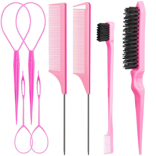 Aigee 8-teiliges Haarstyling-Kamm-Set – Pink – Inklusive Topsy-Tail-Werkzeuge, Rattenschwanzkämme, Bürste und Edge-Control-Brush für Frauen und Mädchen