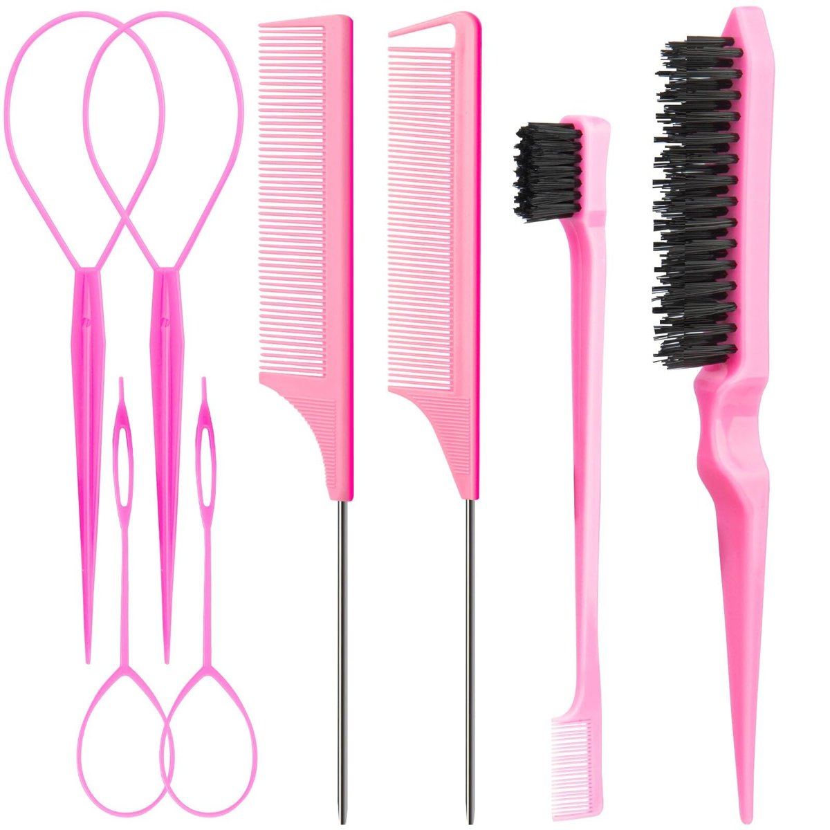 Aigee 8-teiliges Haarstyling-Kamm-Set – Pink – Inklusive Topsy-Tail-Werkzeuge, Rattenschwanzkämme, Bürste und Edge-Control-Brush für Frauen und Mädchen