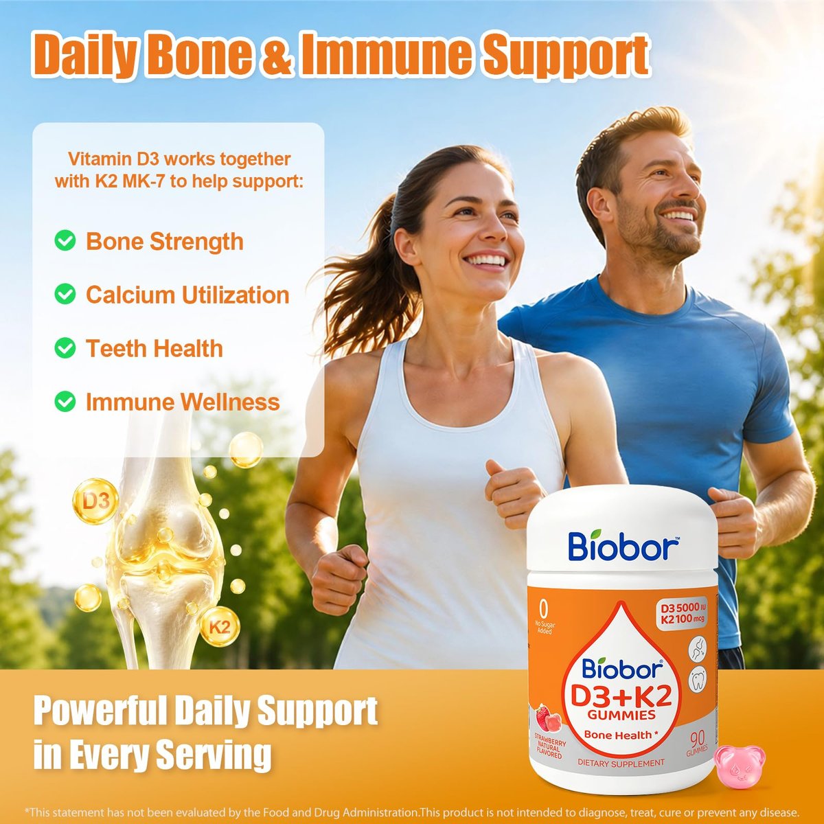 Biobor Natürliche Vitamin D3 K2 Gummibärchen, 5000 IE Vitamin D3 & 100 mcg Vitamin K2 (MK-7), Unterstützt gesunde Knochen und Immunsystem, ohne Zuckerzusatz, GMO-frei, glutenfrei (Erdbeere, 90 Stück)