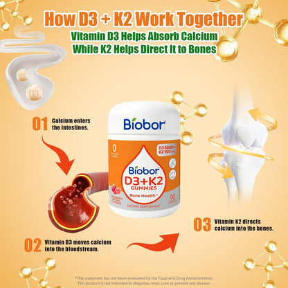 Biobor Natürliche Vitamin D3 K2 Gummibärchen, 5000 IE Vitamin D3 & 100 mcg Vitamin K2 (MK-7), Unterstützt gesunde Knochen und Immunsystem, ohne Zuckerzusatz, GMO-frei, glutenfrei (Erdbeere, 90 Stück)
