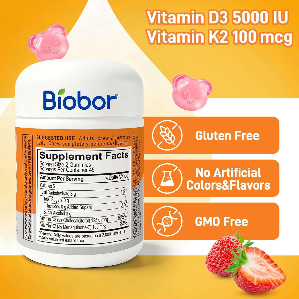 Biobor Natürliche Vitamin D3 K2 Gummibärchen, 5000 IE Vitamin D3 & 100 mcg Vitamin K2 (MK-7), Unterstützt gesunde Knochen und Immunsystem, ohne Zuckerzusatz, GMO-frei, glutenfrei (Erdbeere, 90 Stück)